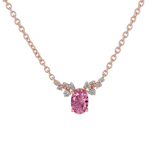 Collar geométrico de oro rosa con zafiro rosa ovalado y diamantes
