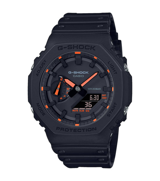 Black G-Shock Men's Watch with Octagonal Case and Orange Markers and Hands