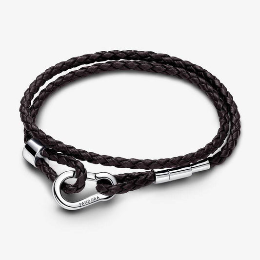 Pandora Brown Leather Double Bracelet with Adjustable Lobster Clasp