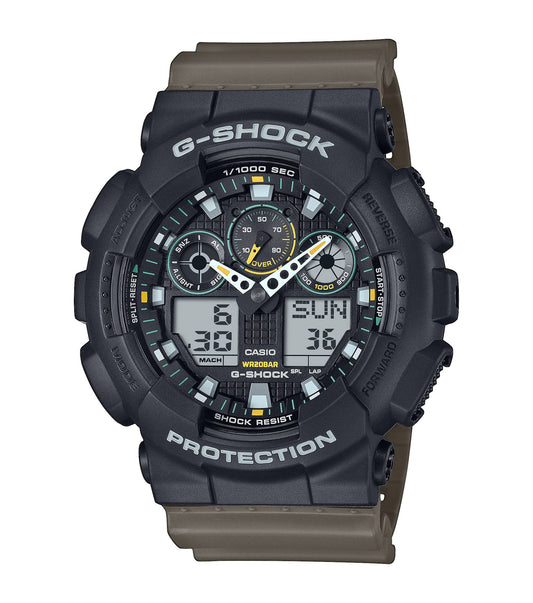 G-Shock Classic GA-100 Series Watch with Black Case and Brown Strap