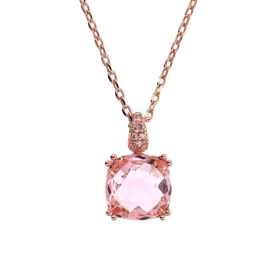 Collana Bronzallure Catena Rolò Con Prisma Gem Rosa Quadrata E Pavé