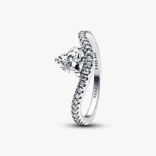 Anillo Pandora de plata con forma de ola, corazón luminoso y pavé