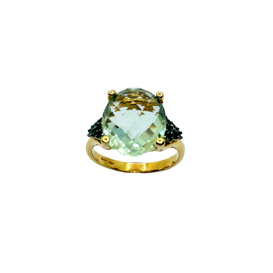 Anello in Oro Giallo 18 KT con Tormalina Verde Ovale e Zirconi Verdi