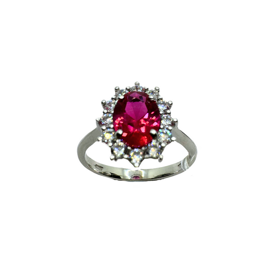 Anello Royal Ring con Pietra Rossa e Contorno di Zirconi