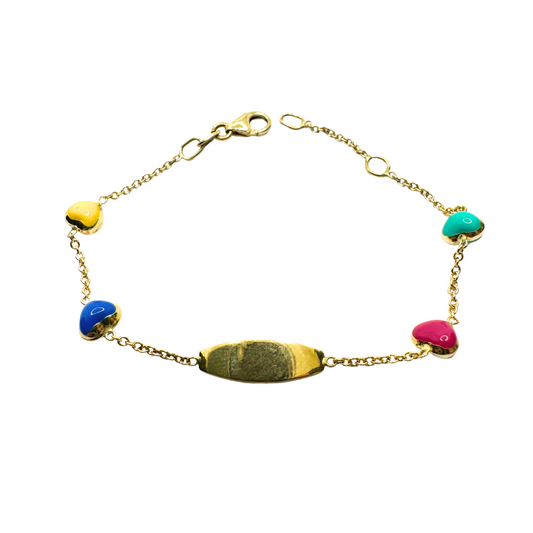 Yellow Gold Baby Girl Bracelet with Tag and Enamelled Hearts