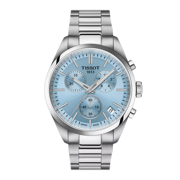 Tissot PR100 Watch with Sky Blue Dial and Chronograph