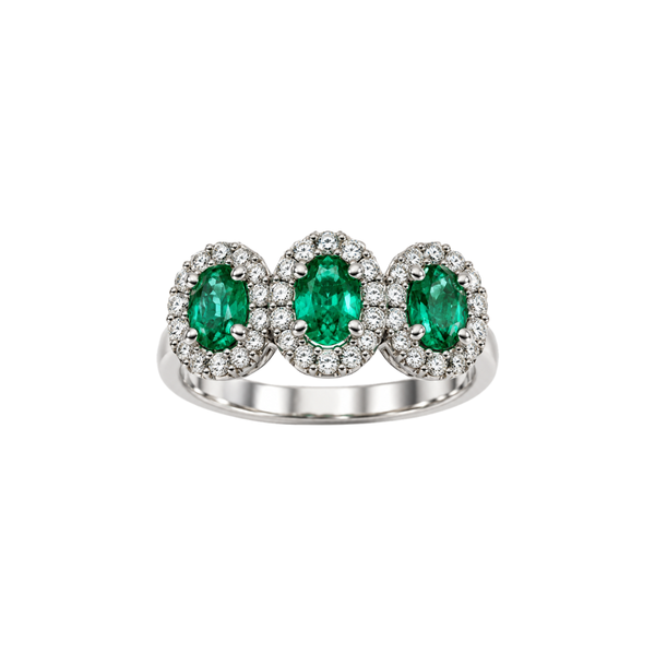 Anillo Trilogía Golay en oro blanco con diamantes naturales y esmeraldas