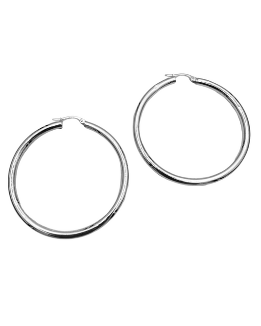 Large Round Section 18KT White Gold Hoop Earrings