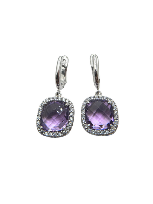 18KT White Gold Drop Earrings with Briol-Cut Amethysts