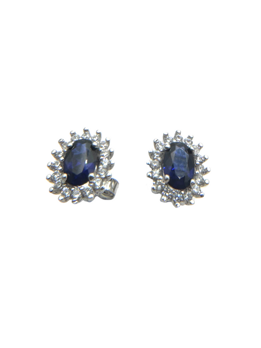 18KT White Gold Stud Earrings with Blue and White Zircons