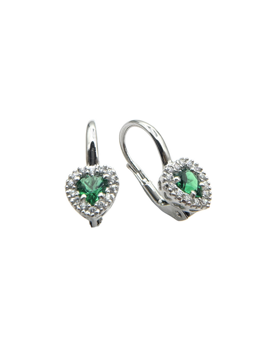 White Gold Heart Drop Earrings with White and Green Zirconia