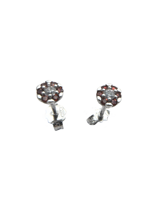 White Gold Flower Stud Earrings with Red and White Zircons
