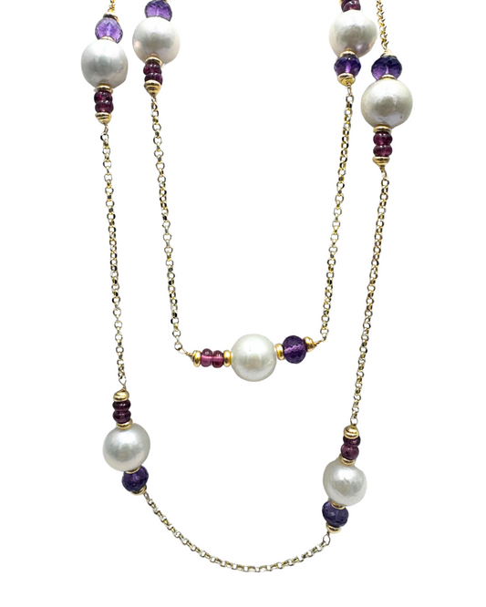 Collana in Oro Giallo 18 KT Lunga con Ametiste e Perle