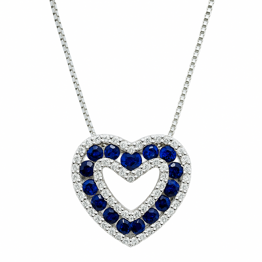 Collar Iannelli de oro blanco hecho a mano con colgante de corazón con zafiros y diamantes