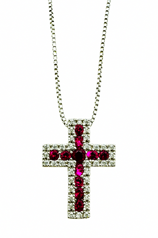 Collar Iannelli Hecho a Mano en Oro Blanco con Cruz Colgante con Rubíes y Diamantes Naturales