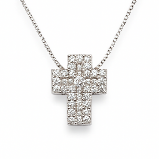 Elegante collar con colgante de cruz en oro blanco de 18 kt con diamantes de más de 0,19 quilates