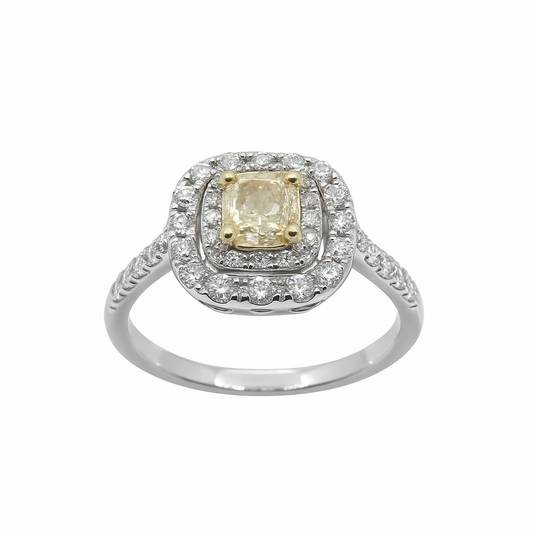Anello Bibigì In Oro Bianco Con Diamante Fancy Taglio Cuscino E Doppio Contorno Di Diamanti