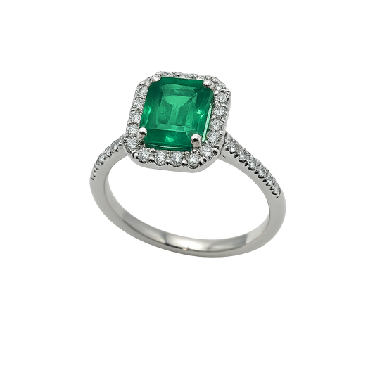 Anello Iannelli Handmade in Oro Bianco con Smeraldo Taglio Ottagonale e Diamanti