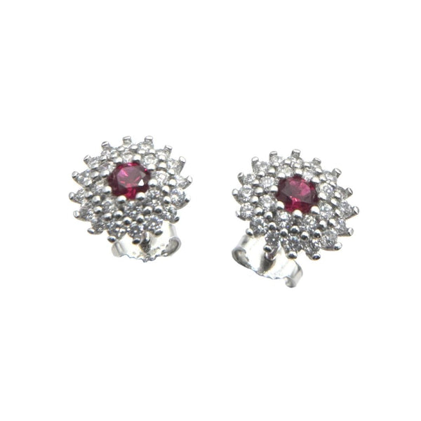 18KT White Gold Stud Earrings with White and Red Zircon Pavé