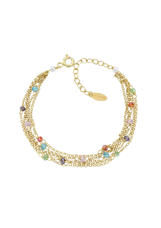 Pulsera de oro multihebra con perlas y cristales Amen