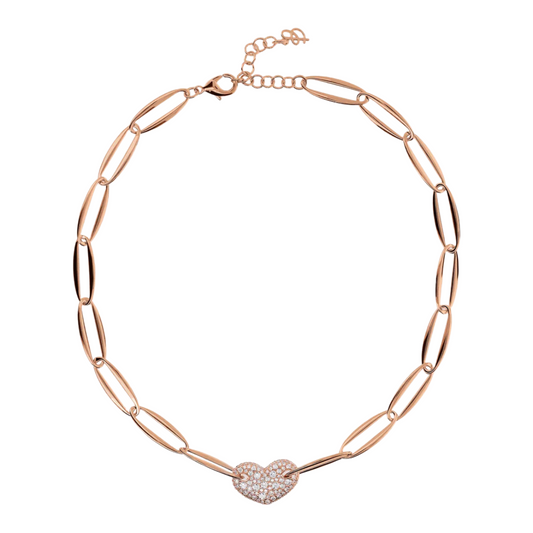 Bronzallure Choker Necklace with Marquise Links and Heart in Cubic Zirconia Pavé