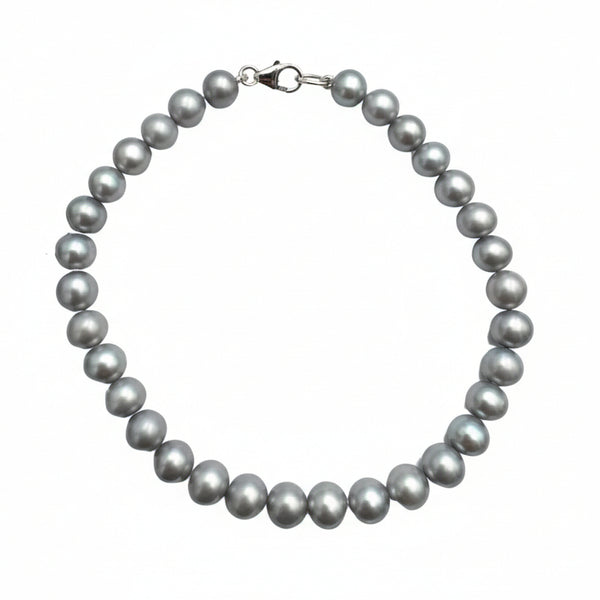 Bracciale con Perle Grigie d'Acqua Dolce 6 mm e Moschettone Oro Bianco BRP003