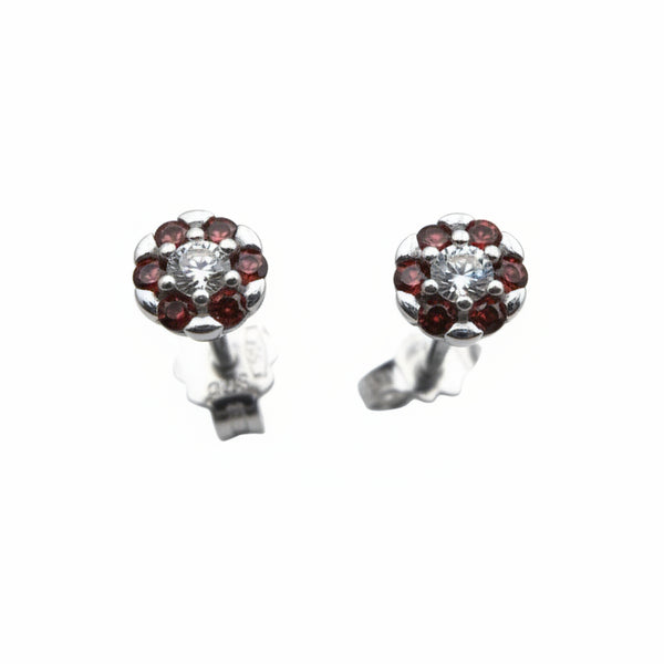 White Gold Flower Stud Earrings with Red and White Zircons