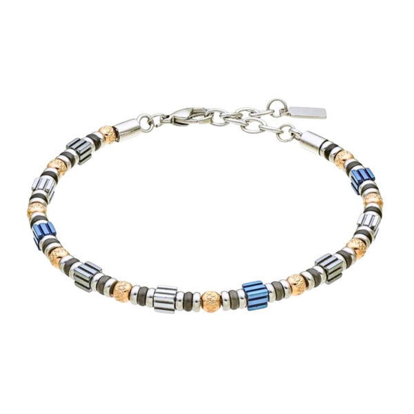 Pulsera Zancan para hombre en acero 316L con detalles en azul, negro y oro rosa.