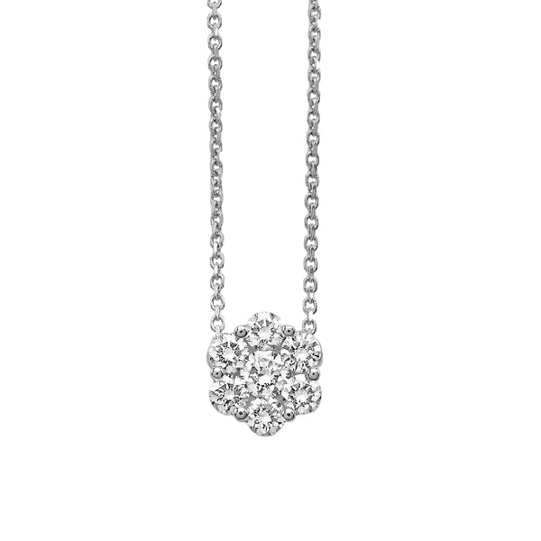 Giorgio Visconti Solitaire Necklace in White Gold with Central Diamond and Surround of Brilliant-Cut Diamonds