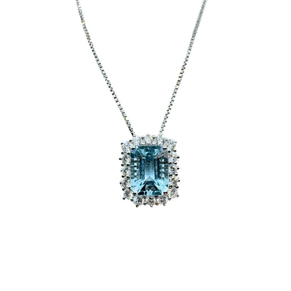 Giorgio Visconti White Gold Necklace with Octagonal-Cut Aquamarine and Diamond Pendant