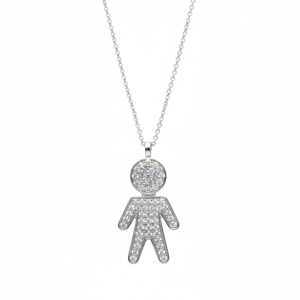 Collana in Oro Bianco 18 KT con Pendente Bimbo con Diamanti in Diverse Misure -