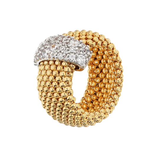 Anillo Bronzallure de malla dorada con diseño de palomitas de maíz y pavé de circonitas cúbicas