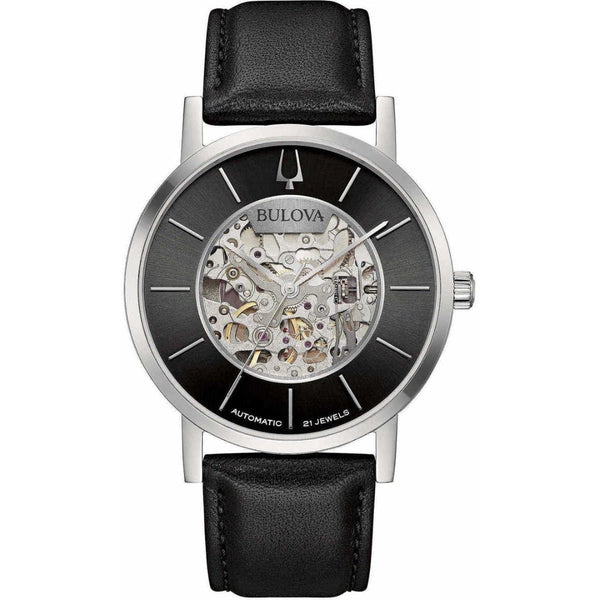 Reloj automático Bulova Clipper Skeleton en negro con movimiento a la vista