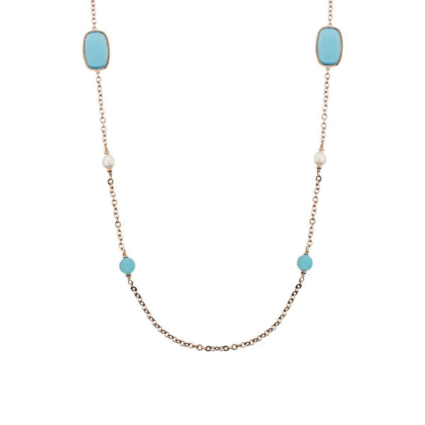 Collana Bronzallure Lunga con Pietre Effetto Occhio di Gatto e Perle d'Acqua Dolce -