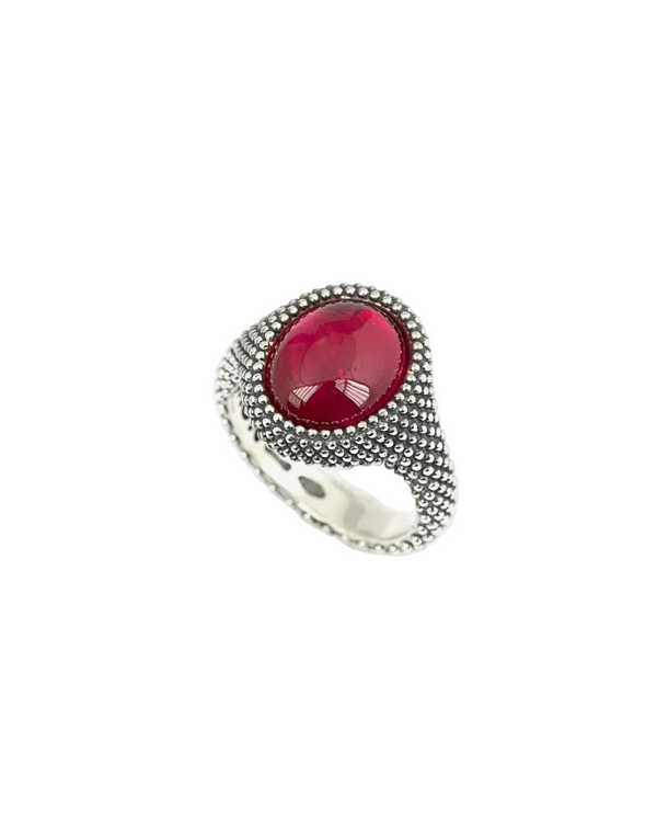 Anello Nove25 Chevalier Ovale Puntinato con Corindone Rosso