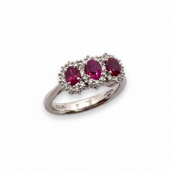 Anillo Trilogía Bibigì en Oro Blanco con Rubíes y Diamantes
