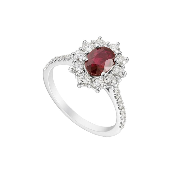 Anillo Golay con rubí natural y diamantes naturales de talla brillante con brillantes en el cuerpo.
