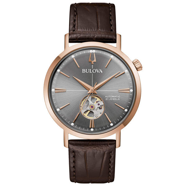 Reloj automático Bulova Aerojet con correa de piel marrón
