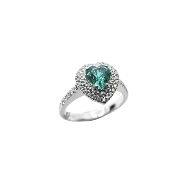 Anillo de corazón Iannelli hecho a mano en oro blanco con esmeralda talla corazón y diamantes.