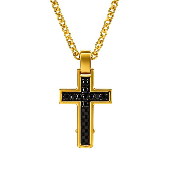 Collana Zancan Dorata in Acciaio con Croce Pendente e Spinelli Neri EHC211