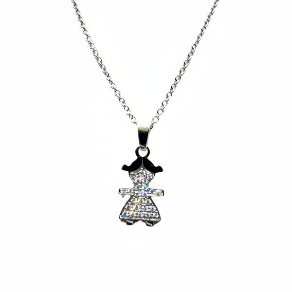 Collana in Oro Bianco 18 KT con Bimba Pendente con Pavè di Diamanti GIRL2