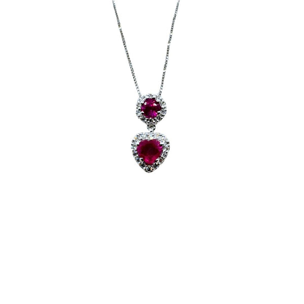 Collar Bibigi' de oro blanco con colgante con un rubí de talla brillante y otro de talla corazón rodeado de diamantes