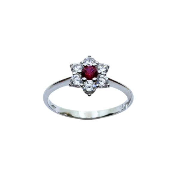 Anello in Oro Bianco 18 KT a Stella con Zirconi Rosso e Bianchi AN068