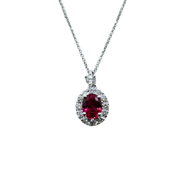 Collana Golay in oro Bianco con Pendente con Rubino Taglio Ovale e Contorno di Diamanti PCL122DIRU45