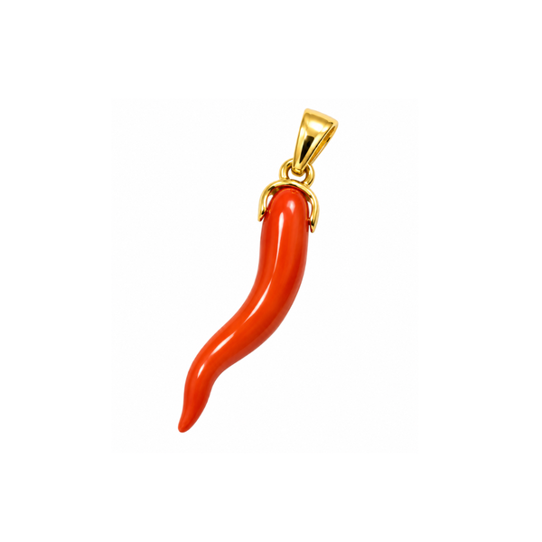 Ciondolo Cornetto in Corallo Rosso Naturale con Controvoglia in Oro Giallo CRNT1