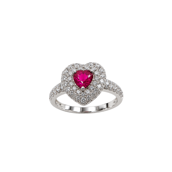 Anello Cuore in Oro Bianco con Rubino Taglio Cuore e Pavè di Diamanti 9488