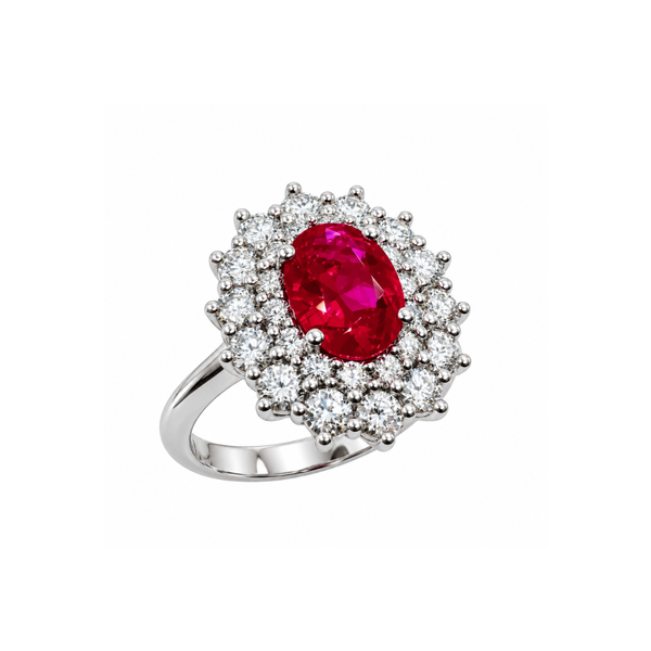 Anillo Iannelli de oro blanco hecho a mano con rubí y doble diamante envolvente