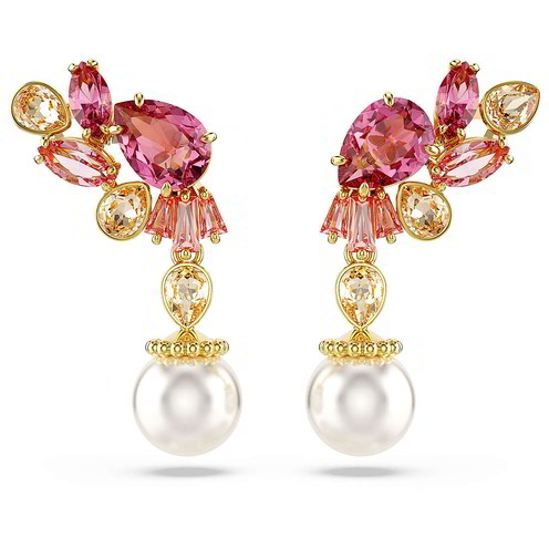 Orecchini Swarovski Pendenti Gema Crystal Pearl Fiore Rosa Placcato Oro Giallo