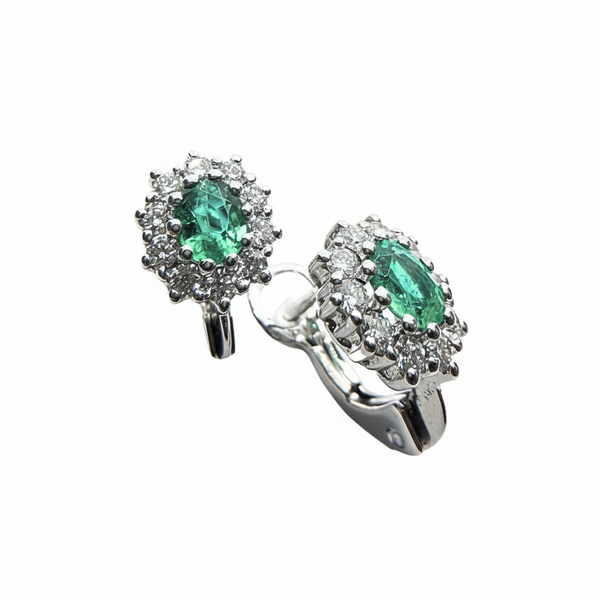 Giorgio Visconti Clip-On Stud Earrings in White Gold with Emeralds and Diamonds