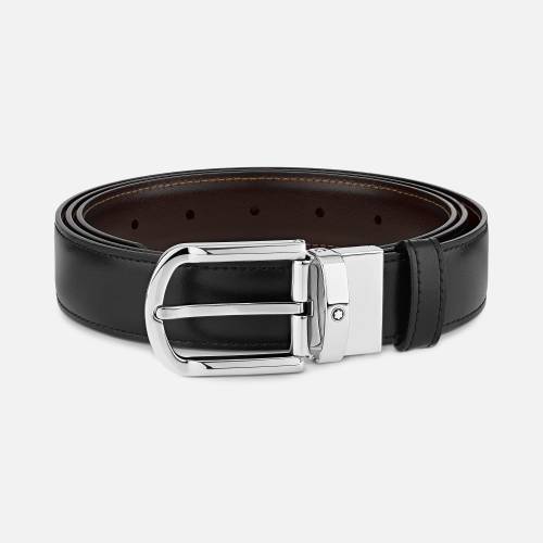 Cintura Mont Blanc Reversibile in pelle nera/marrone 30 mm con fibbia a ferro di cavallo